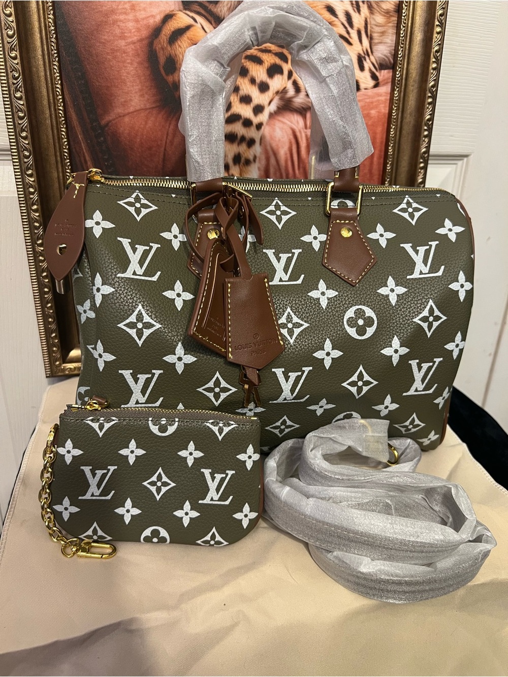 Elegant  Fashion Green Monogram Satchel with Pouch - NWOT